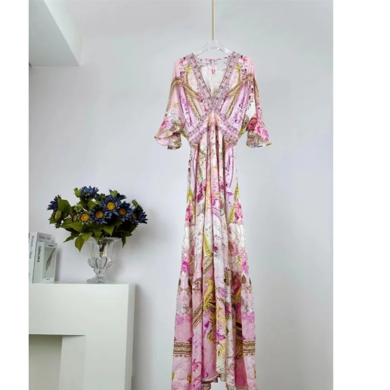 

Australian niche bohemian style 2024 silk double wrinkled silk chiffon positioning print V-neck layered long dress