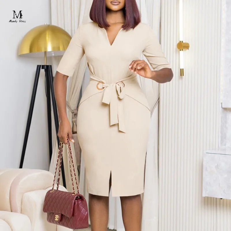 

Chic V-neck Midi Dress for Women Half Sleeve Lace-up Business Clothing 2023 Autumn Office Lady Fashion Pencil Dresses