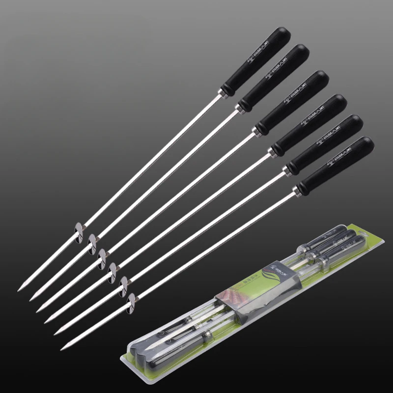 Barbecue Tool Stainless Steel Barbecue Meat Large Steel Skewer with Thickened Wooden Handle Skewer 52cm