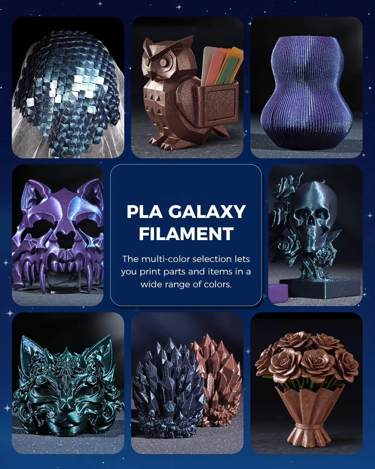 PLA 3D 프린터 필라멘트 1.75mm 250g |   반짝이는 글리터 마감, 색상 변화 효과, ±0.02mm 정확도, 엉킴 방지, 진공 처리