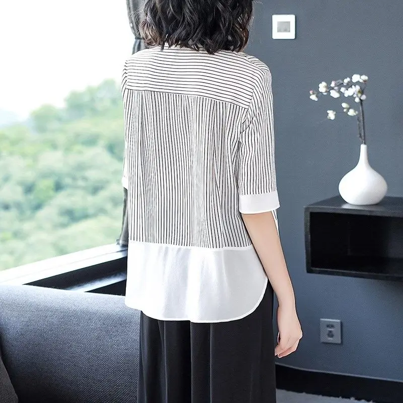 Korean Commute 2024 Summer New Chiffon Striped Blouses Women's Patchwork Pocket Button Stand Collar Half Sleeve Loose Shirt Tops
