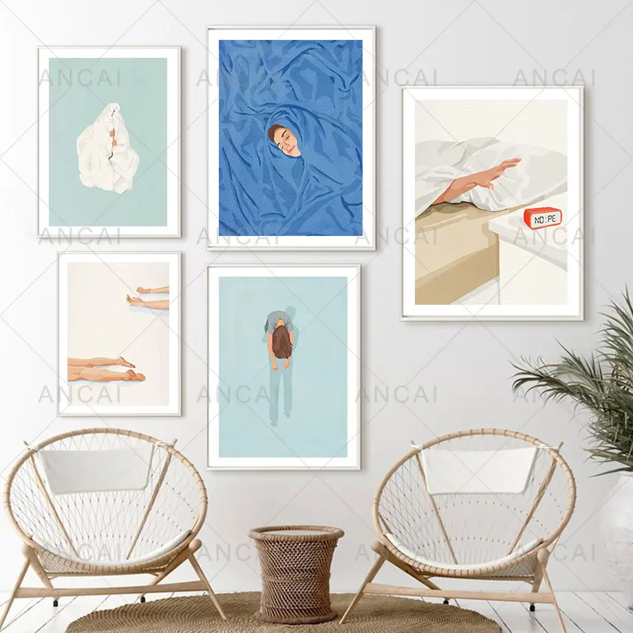 Weekend Holiday Lazy Bed Sleep Dream Girl Wall Art Canvas Painting