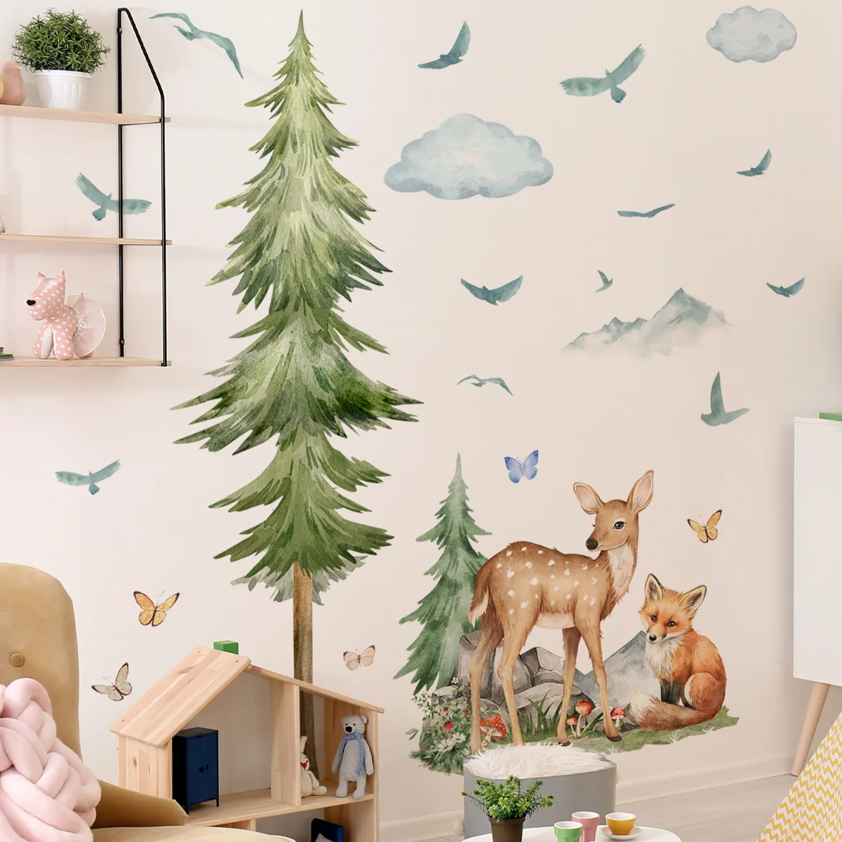 Forest Friends Self-Adhesive Wall Decals 2-Piece Cartoon Animal Wall Stickers Set with Deer Fox Geese Trees for Kids' Room Decor