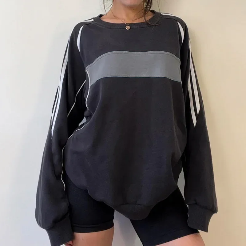

Y2K Preppy Style Striped Print Oversized Sweatshirts Women Vintage Casual Loose Pullovers Autumn Cute All-match Streetwear