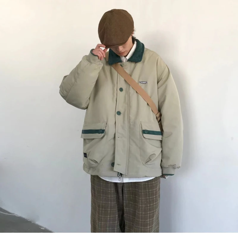 INS 겨울 코튼 코트 남성 빈티지 옷깃 대비 색 카고 파카 두꺼운 따뜻한 캐주얼 자켓 한국 스트리트 커플 코트