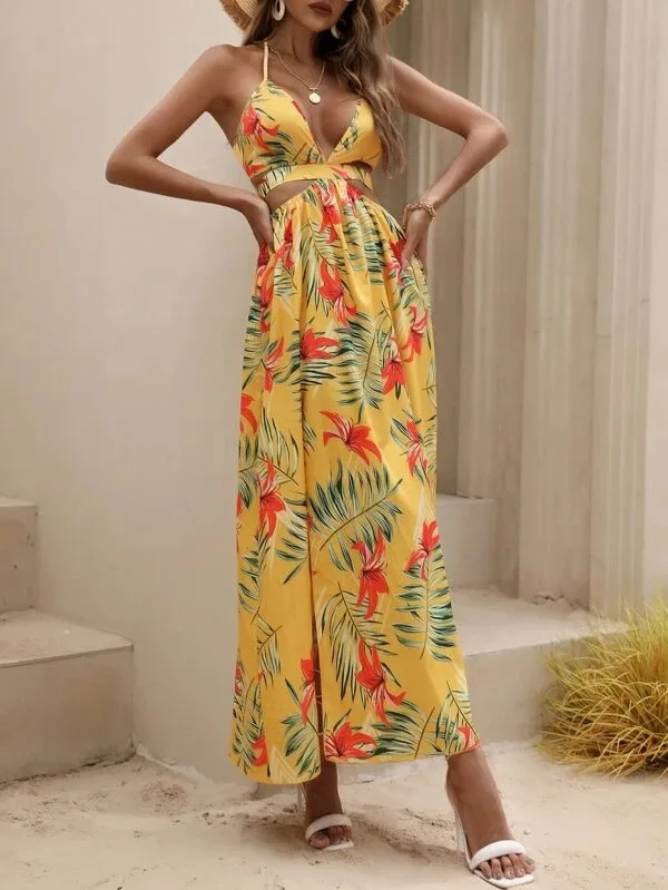 Print Halter Neck Slit Dresses Women Sexy Deep V-neck Hollow Out Backless Bowknot Leace-up Long Dress Female Streetwear Vestidos 18 undefined