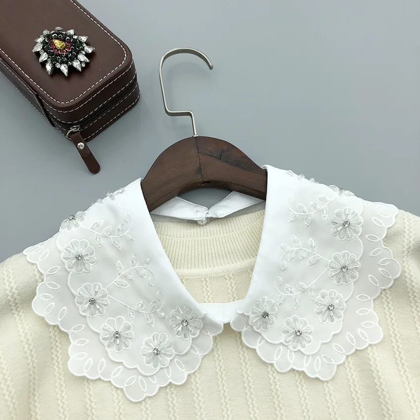 

Female Handmade Beads Fake Collar for Women Lapel Blouse Detachable Collar Girls Front Ties Ladies False Blouse Tops Collar