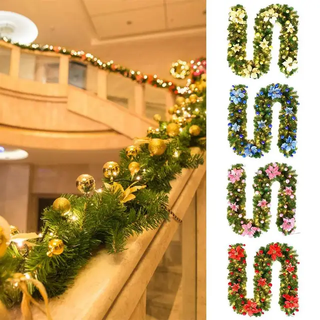 Christmas Garland with Lights Prelit Christmas Garland 9Ft Artificial Led Lights Battery Operated Red Garland Decoration Flower 2