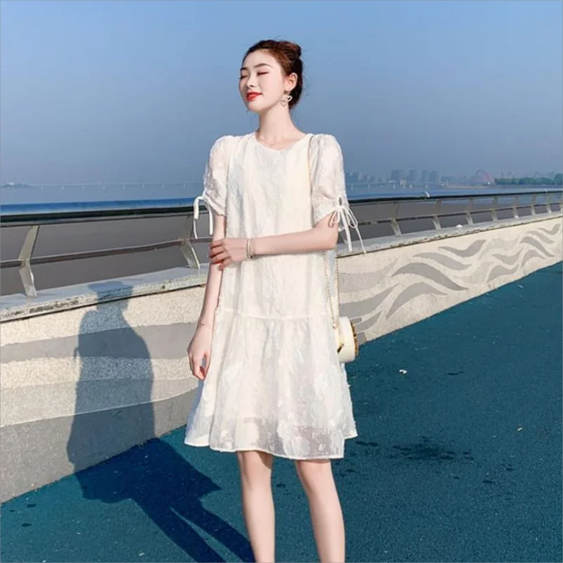 

2024 White Summer Dresses for Women French Elegant Hollow Out Ruffle Hem Loose Waist Mini Dresses Girls