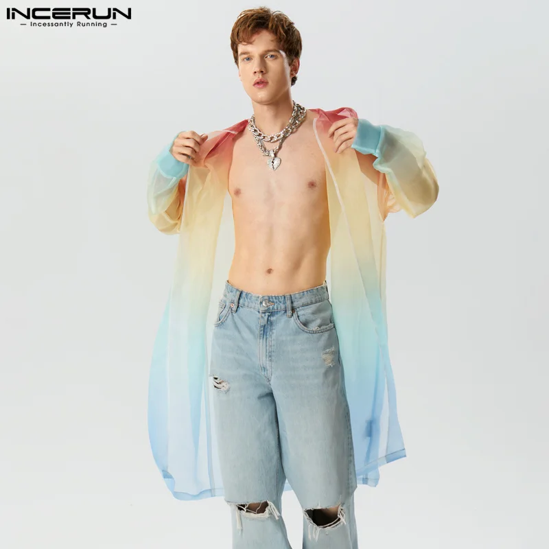 Men Trench Tie Dye Gradient Hooded Long Sleeve Open Stitch Casual Coat