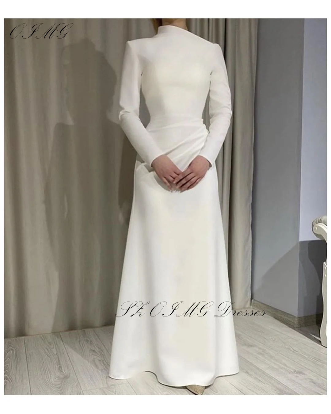 

OIMG Exquisite Irregular Collar Prom Dresses Saudi Arabic Women Satin Ivory Ruched Evening Gowns Occasion Formal Party Dress