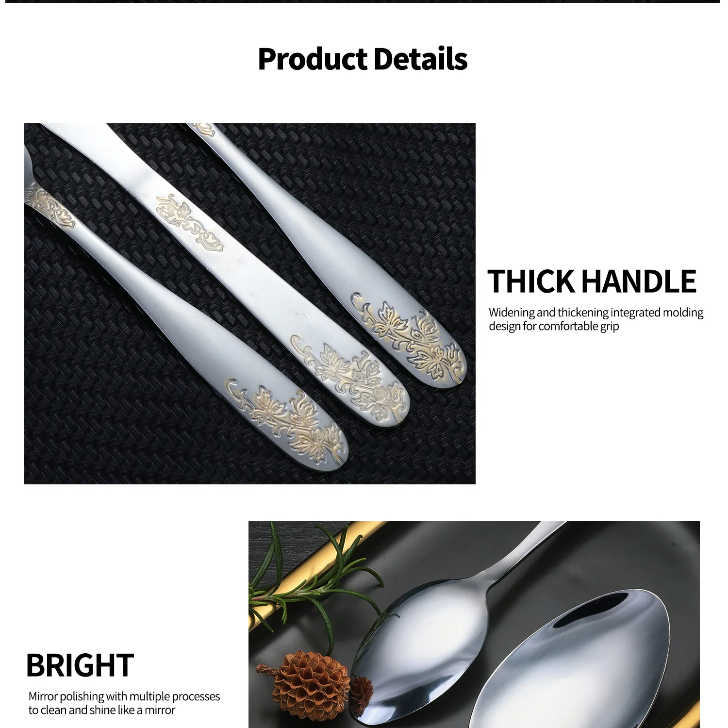 Description Picture 6 of item4/5/6/30pcs stainless steel exquisite gold-plated plant flower pattern knife, fork, spoon wide handle tableware set