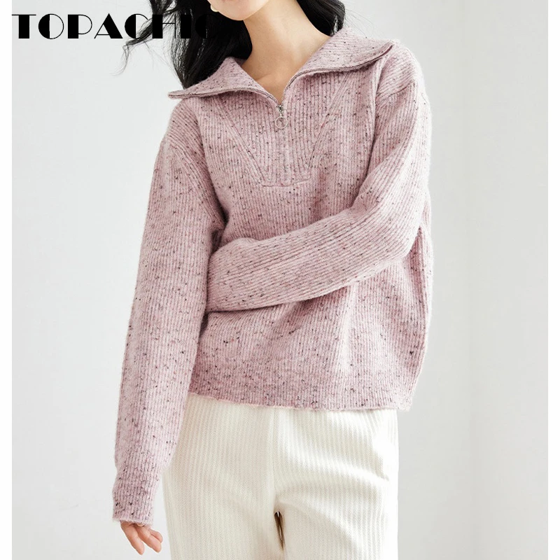 

1.8 TOPACHIC Women's Turn Down Collar Half Zipper Cashmere Sweater Temperament Hollow Out Knitted Keep Warm Pullover