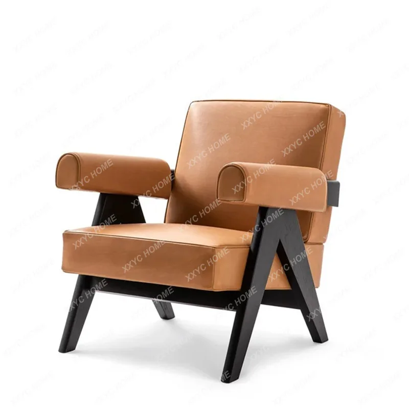 

Nordic Solid Wood Single Sofa Chair Living Room Balcony Leisure Genuine Leather Retro Minimalist Chair B & B Table and Chair