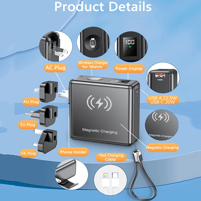 15000mAh Magnetic Wireless Charger Power Bank for iPhone 14 13 iWatch Xiaomi Samsung 22.5W Fast Charging Powerbank with AC Plug