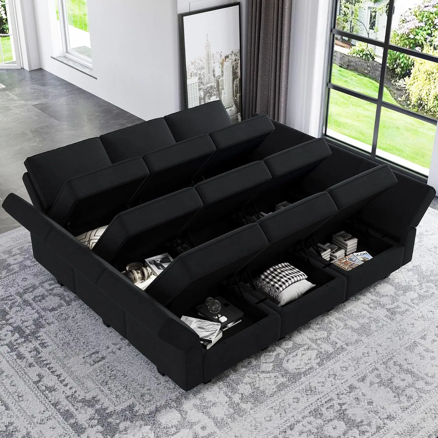 Modular Sectional Sofa with Ottomans Velvet Reversible Sleeper Chaise Bed Storage Seat Black