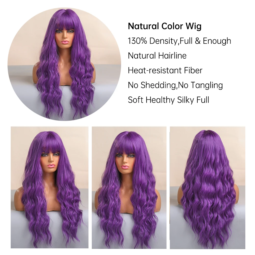 EASIHAIR Parrucche sintetiche lunghe e ondulate viola con frangia per donne Parrucca colorata per feste di cosplay di Halloween Fibra resistente al calore_voghion.com