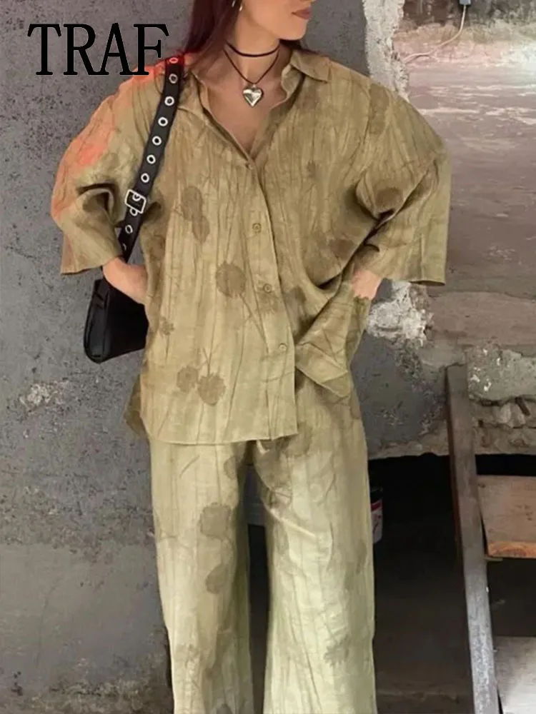 أطقم سراويل طويلة مطبوعة للنساء قمصان طويلة نصف كم...