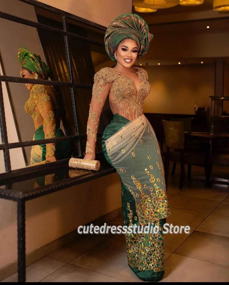 Chic Nigerian Evening Dresses Long Sleeves Lace Applique African Mermaid Porm Gowns For Women