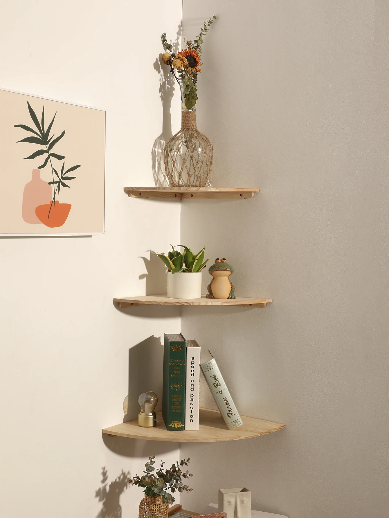 Wall Corner Shelves Wood Floating Wall Shelf Round End Wall Mounted Floating Corner Shelf for Bedroom Living Room and Kitchen 2