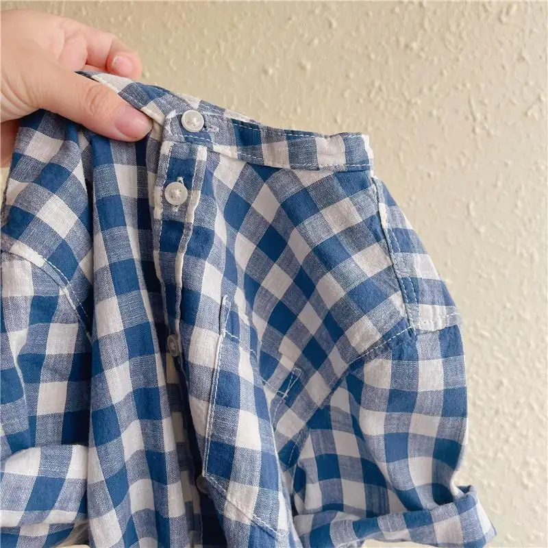 Children's Cotton Short-Sleeved Shirt Summer Boys And Girls Striped Plaid Shirts With Pocket Baby Casual Loose Tops WT820 boys short sleeve shirts