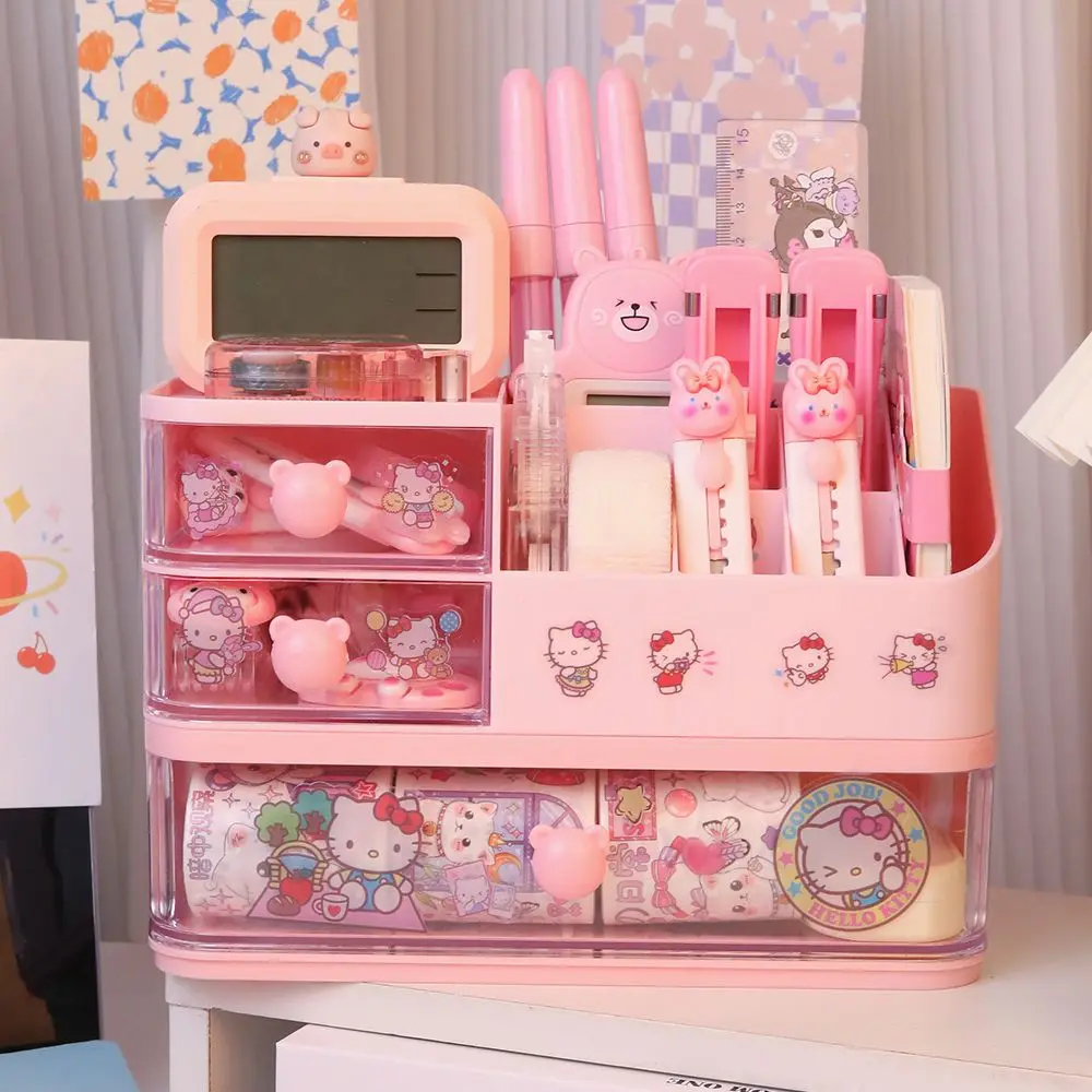 MINISO Pen Holder School Stationery Drawer Storage Box Gift Office Table Pen Holder Organizer Hello Kitty Kuromi Sticker