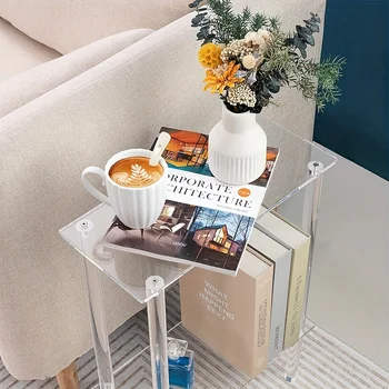 Tavolino in acrilico per camera da letto - Tavolino portatile indipendente stretto a 2 livelli per piccoli spazi, trasparente - Comodino elegante 1