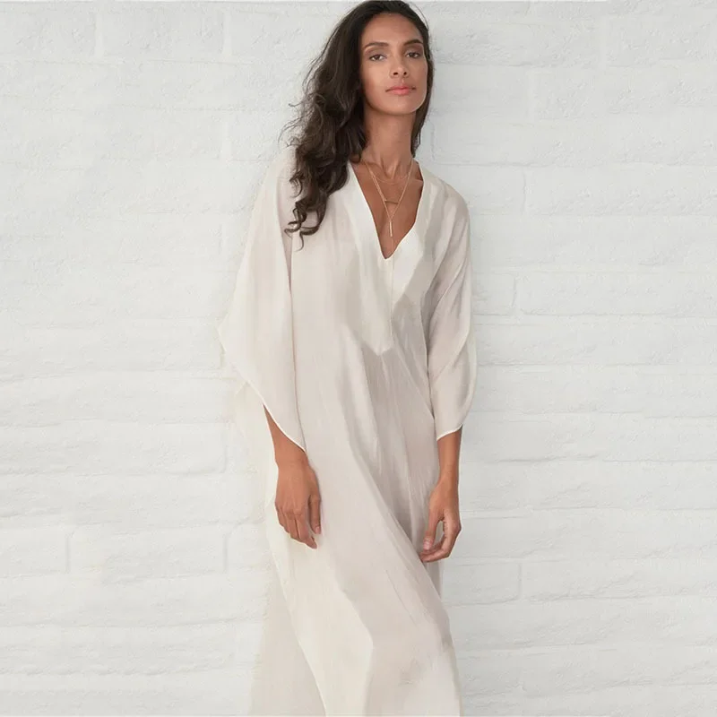 

Sexy Deep V Neck White Beach Cover Up Plage Femme Batwing Kaftan Beach Women Bathing Suit Summer Long Maxi Swimming Beachwear