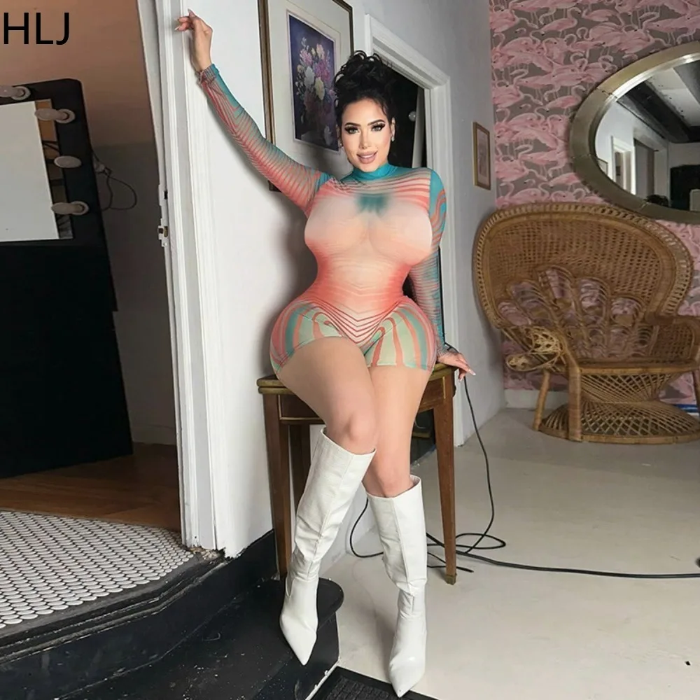 HLJ Fashion Y2K Trend Streetwear Women Printing Round Neck Long Sleeve Bodycon Rompers Summer New Female Slim Sporty Jumpsuits