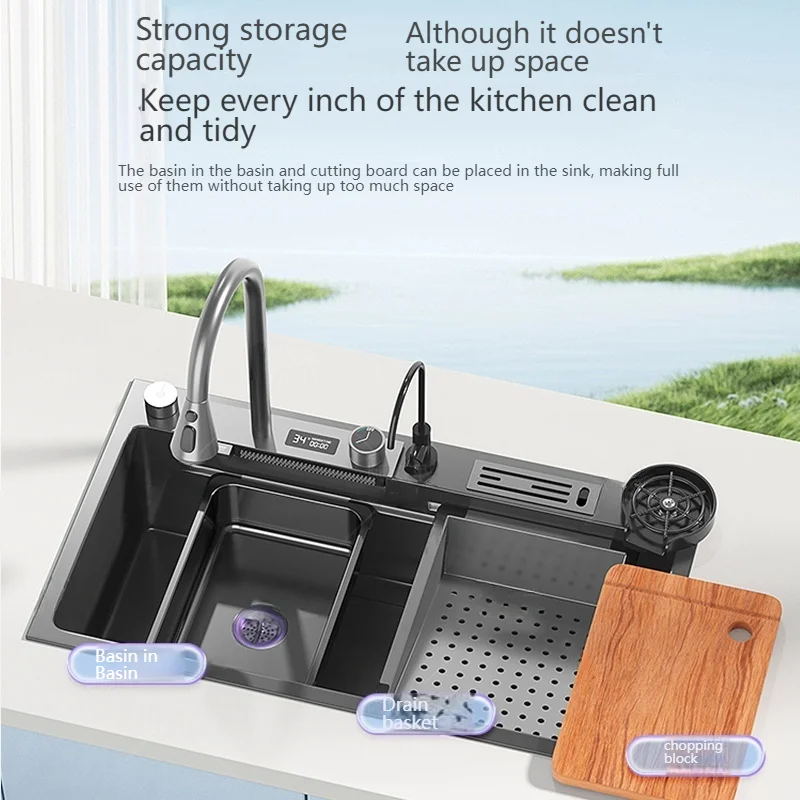 Stainless Steel Kitchen Sink With Waterfall Large Single Slot Dishwashing Multifunctional Sinks Home Improvement Left Drainage