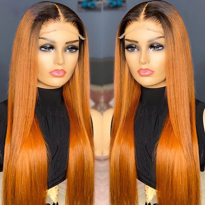 

Ombre Ginger Orange Long 180Density 26inch Straight Lace Front Wig for Women BabyHair Natural Hairline Glueless Preplucked Daily