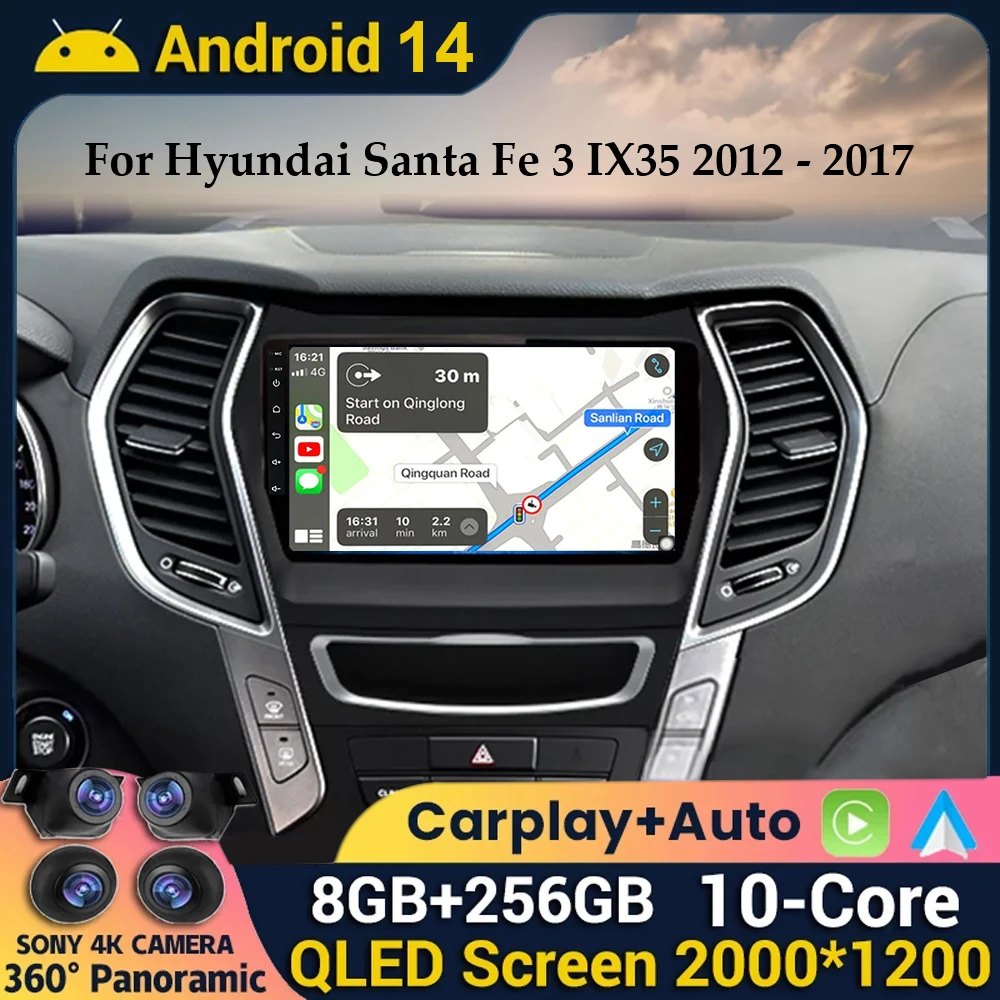 Android-14-Carplay-Auto-Car-Radio-For-Hyundai-Santa-Fe-3-IX45-2013-2014 ...