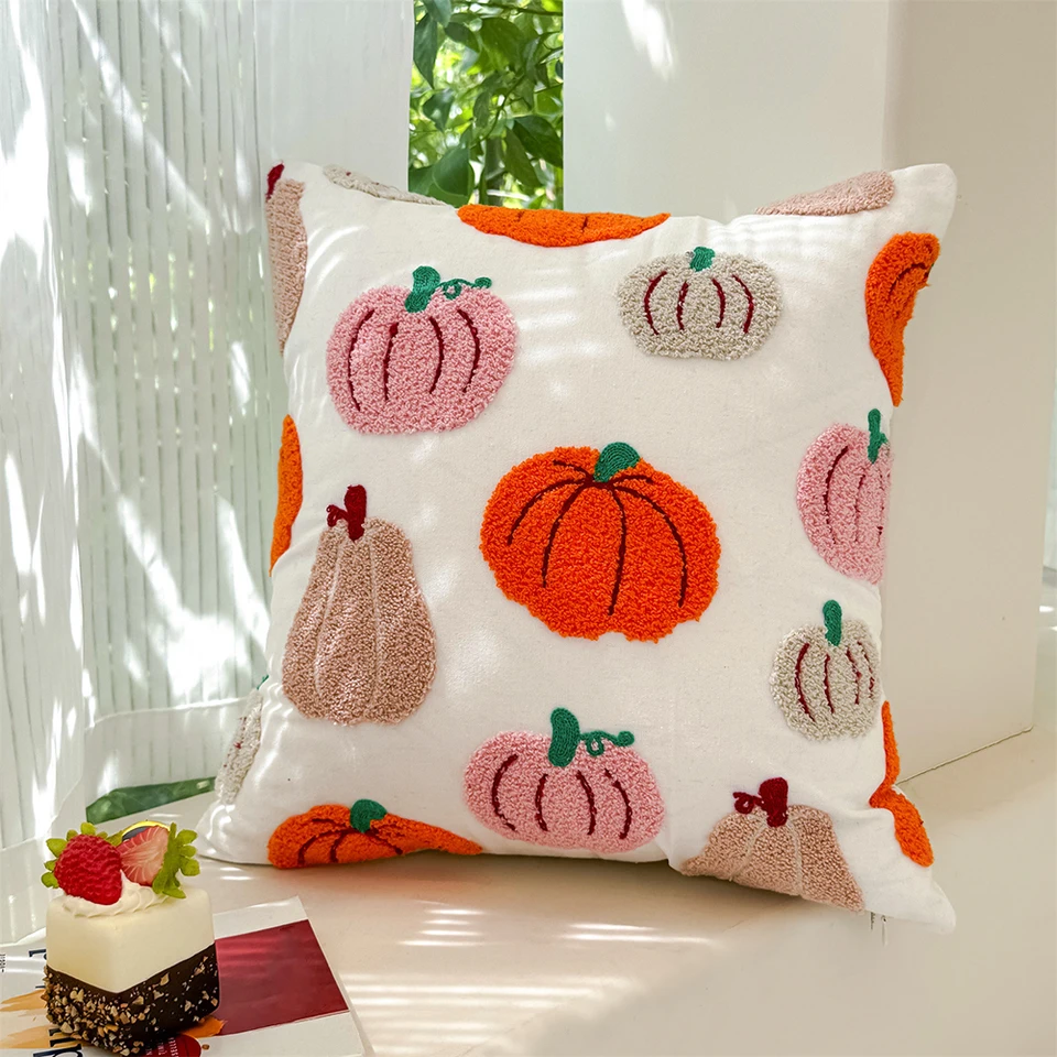 Orange Pumpkin Embroidered Throw Pillow Covers Set