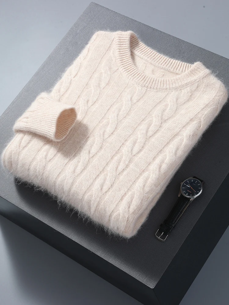 Autumn Winter Men Round Neck Cashmere Sweater Cable Knitting Smart Casual Pullover Mink Cashmere Knitwear basic sweater