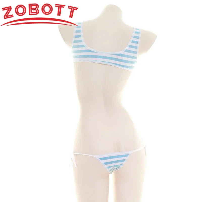 Women Lingerie Japanese Sexy Lolita Kawaii Blue Pink Striped Mini Bikini Adult Cosplay Costume