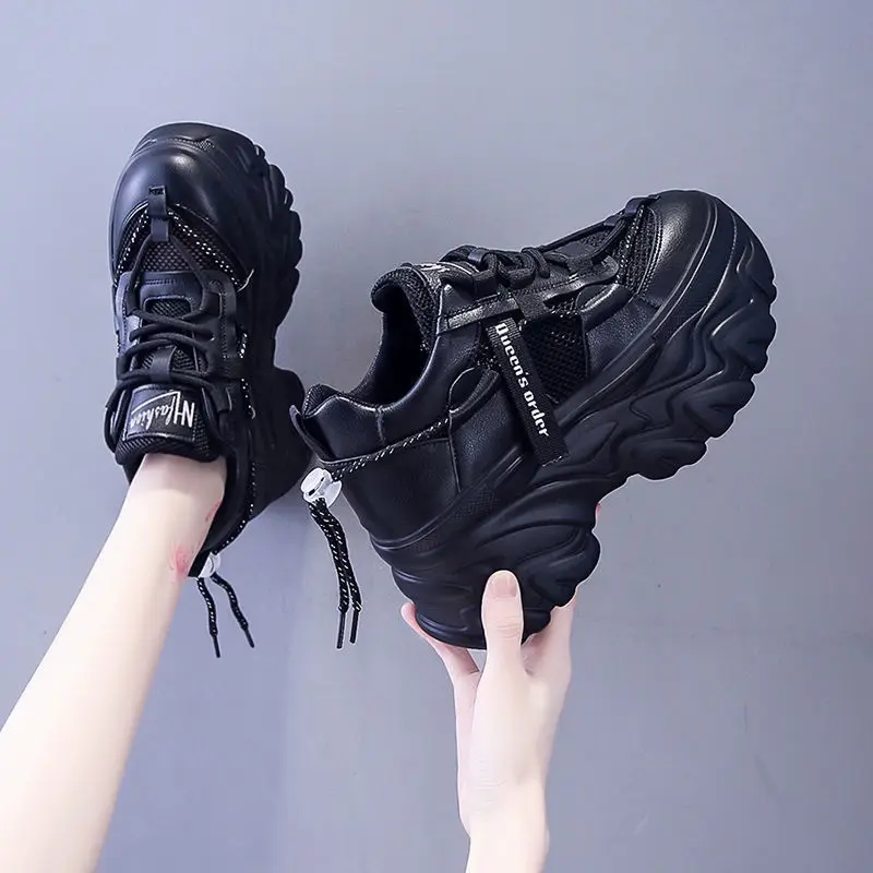 

Women Chunky Sneakers 2024 Newest Breathable Mesh Casual Sport Shoes Wedge Heels Platform Chaussures Femme Dad Shoes Black White