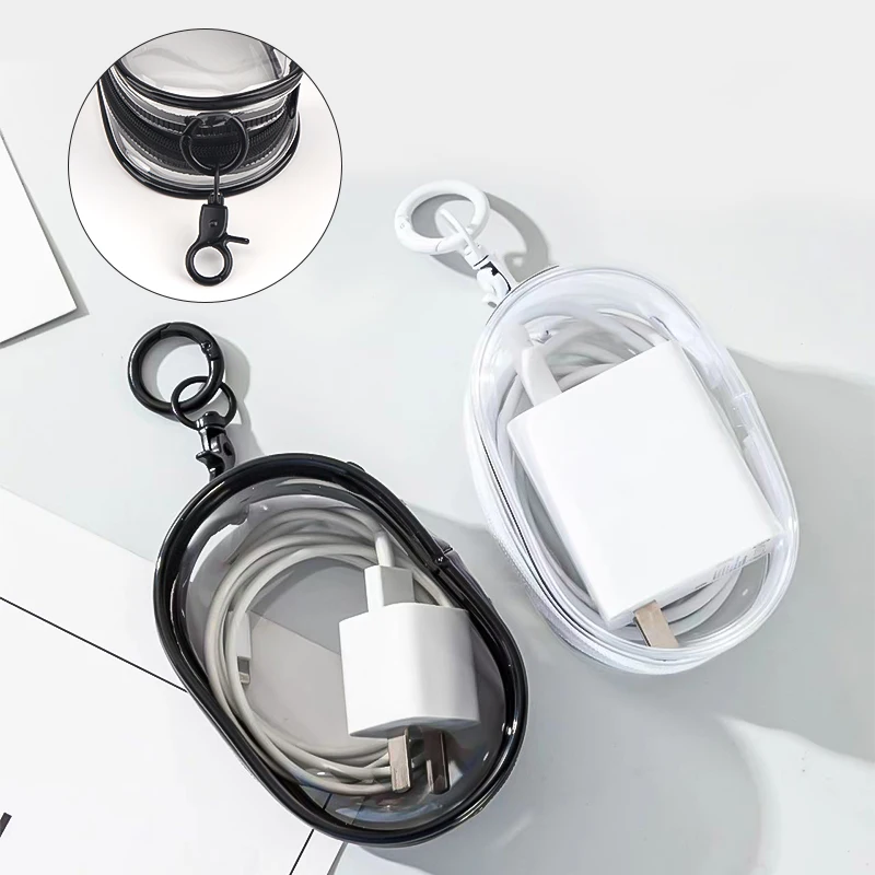 Multi-functional Portable Clear Cosmetics Storage Bag Space Saving Organizer Earphones Chargers Powder Puff Mini Keychain Loop 4
