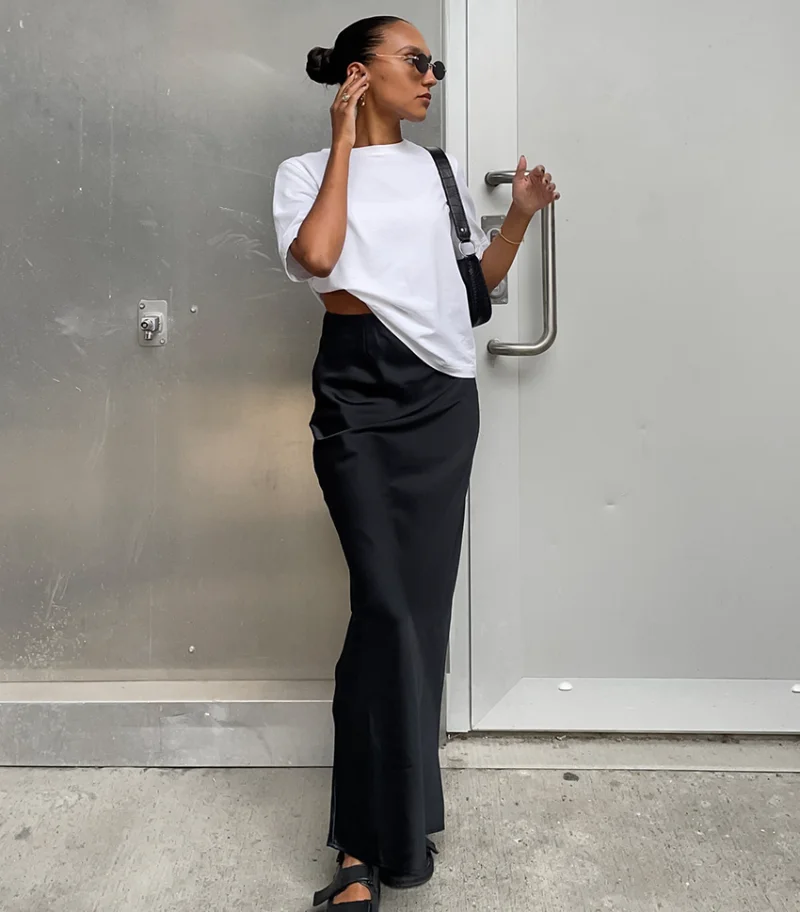 

Elegant Satin Black Trumpet Skirts Fashion Slim High Waist Skirts Women Female 2023 Solid Office Long Skirt Spring Summer
