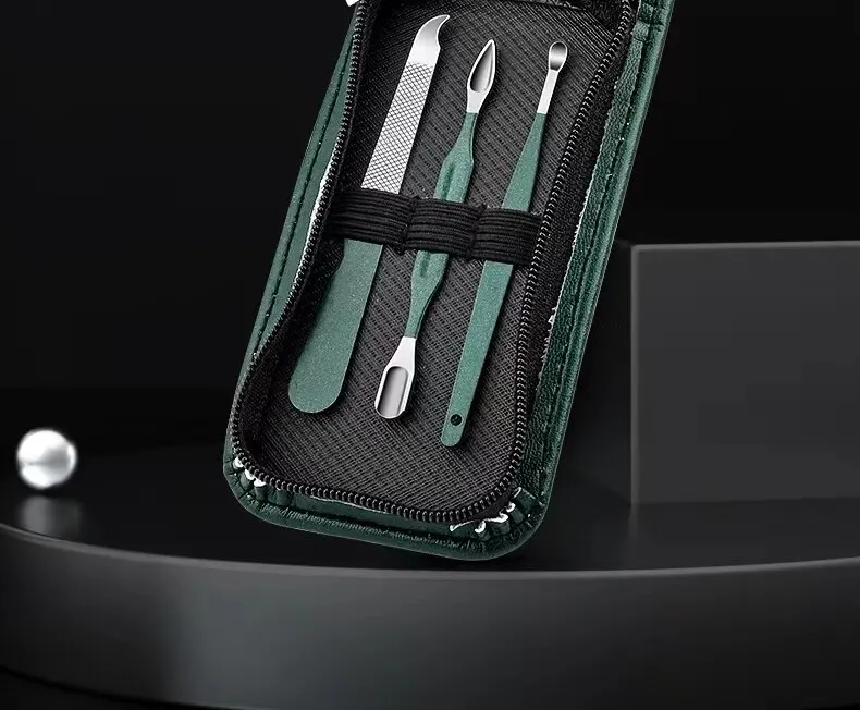 Description Picture 3 of itemGreen 6 Pcs Manicure Set With Leather Case Professional Foot And Face Care Tool Kits Stainless Steel Nail Clipper Sets Gift