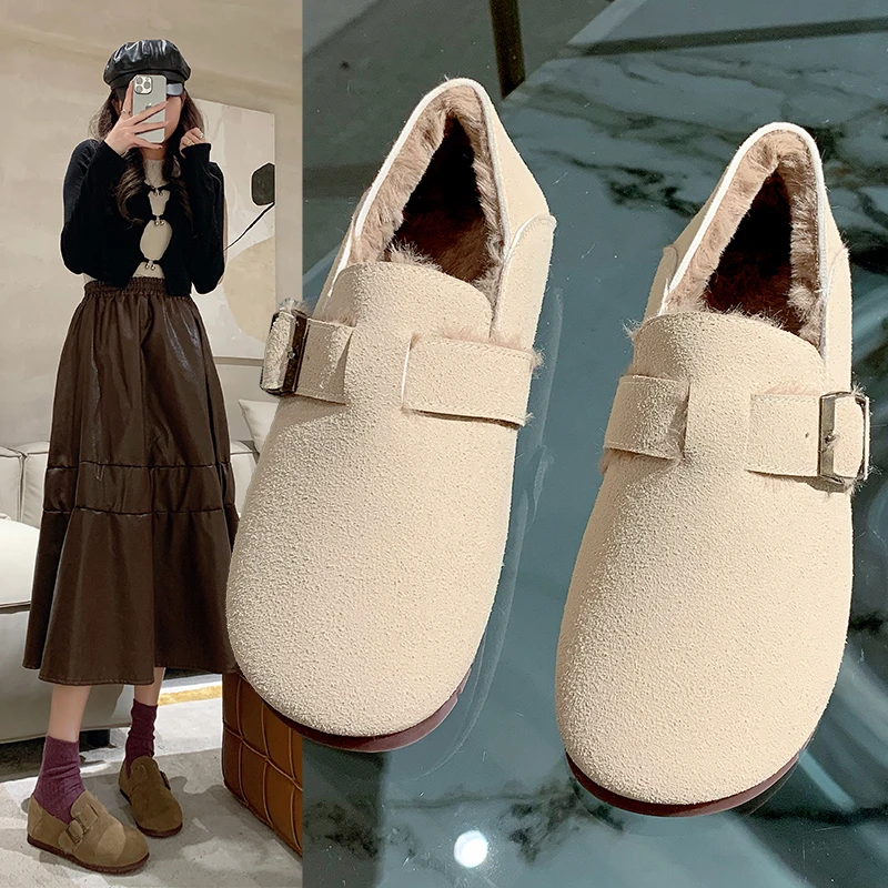 

Лоферы Baotou женские плюшевые, уличные повседневные теплые удобные туфли на плоской подошве, без застежки, из искусственного меха, Осень-зима 2024