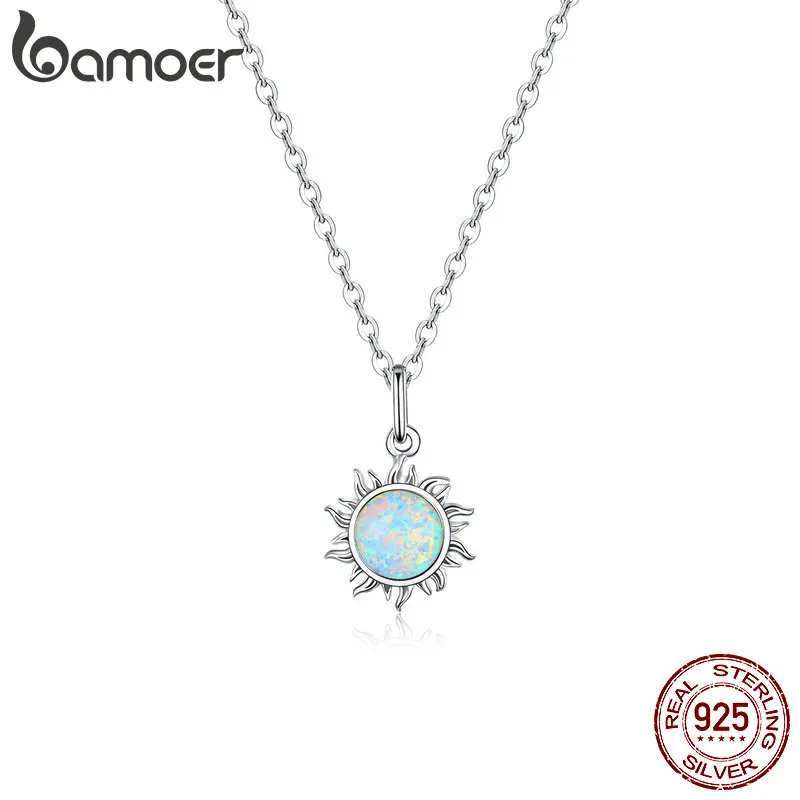 Silver Chain Necklace Natural Stone Necklace Bamoer 925 Sterling Silver White Opal Sun Pendant Necklace Apollo Chain Necklaces for Women Birthday Gift Jewelry