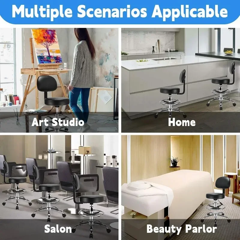 Ergonomic Rolling Stool with Backrest PU Leather Strap Adjustable Pedal Rotating Round Work Chair Office Bar Stool Lounge Chair