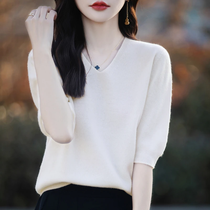 2025 100% ميرينو الصوف محبوك سترة بأكمام قصيرة خط...