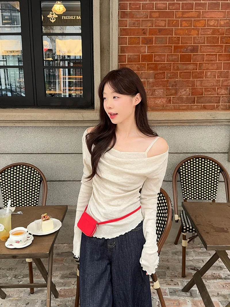 Fake Two-piece Off Shoulder Long Sleeve T-shirt Women's Sexy Slash Neck Flare Sleeve Base Shirt Top Autumn Casual Slim Fit Tops