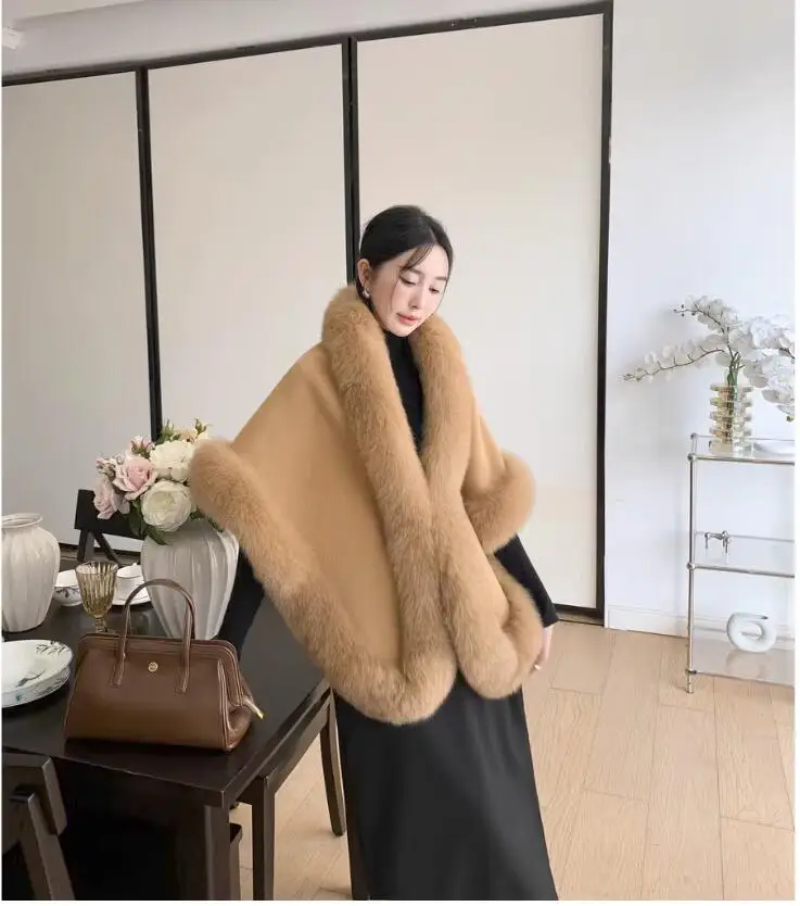 Neuer Umhang aus 100 % Wolle mit echtem Fuchspelzbesatz, dicker, warmer Poncho für Damen, Winter- und Herbstschal – Detail 9