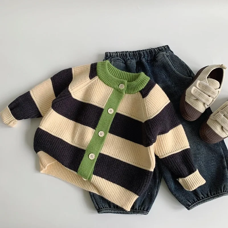 새로운 어린이 스웨터 키즈 스트라이프 가디건 봄 가을 소녀 스타일리시 패셔너블 코트 겨울  컬러 블록 아우터웨어