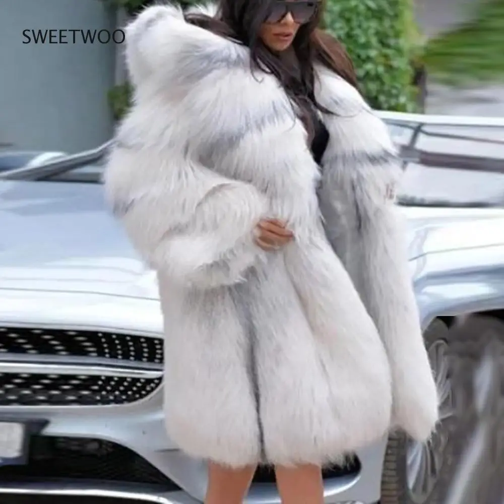 Faux Fur Overcoat Women Long Thicken 2020 Warm Wear Fashion Coat Female Winter Western Fur Collar Hooded Slim Loose Elegant Tide