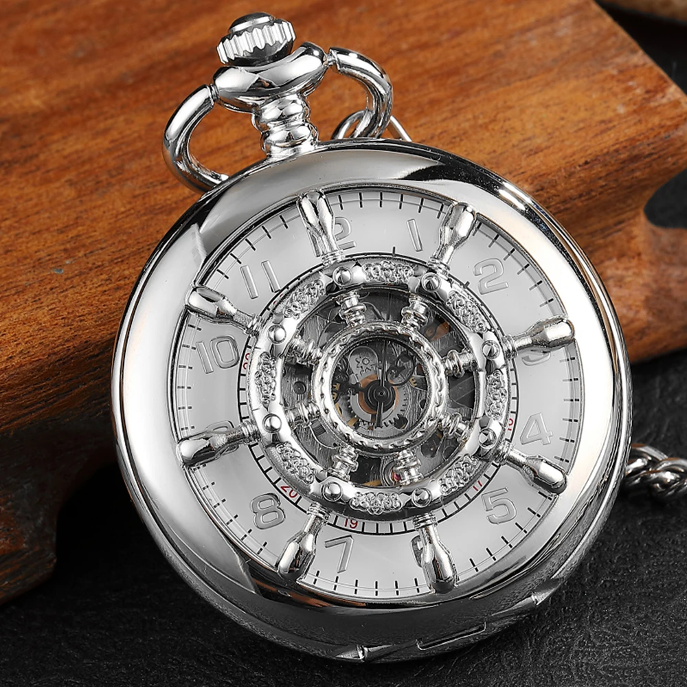 Tiong Orologio da tasca vintage con catena in acciaio liscio, meccanico, steampunk, numeri romani, orologio da tasca e confezione regalo da uomo, Oro