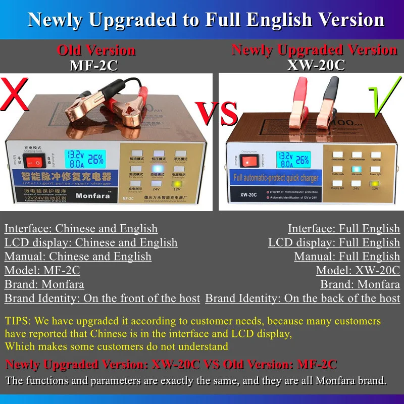 Smart Automatic 12V/24V Car Storage Battery Charger LCD 5-Stage Intelligent Pulse Repair for Lead Acid Dry&Wet Battery 6-100AH battery charger