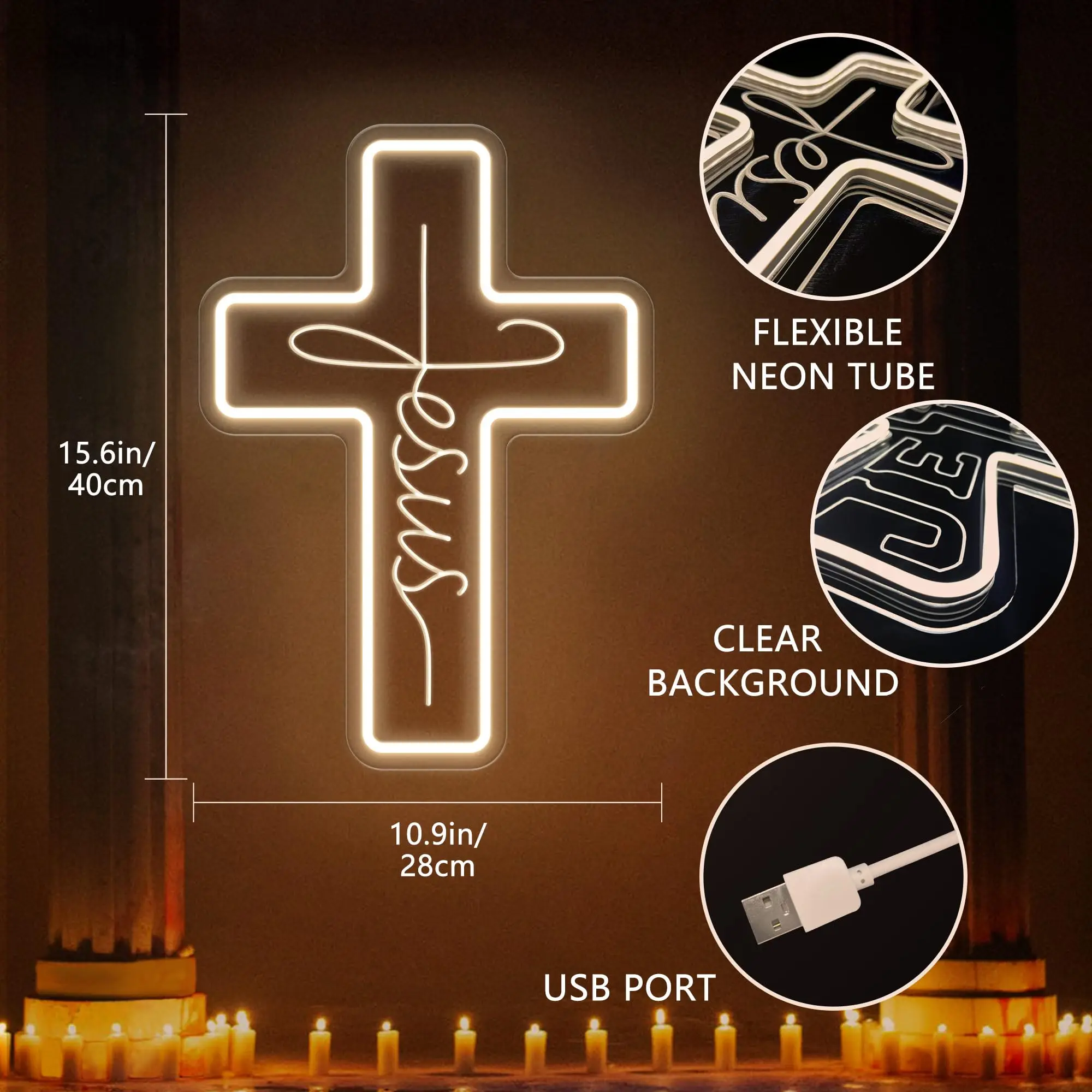 Insegna Al Neon A Croce Con Gesù, Decorazione Murale USB, Luce Regolabile, Per Natale, Pasqua E Battesimo